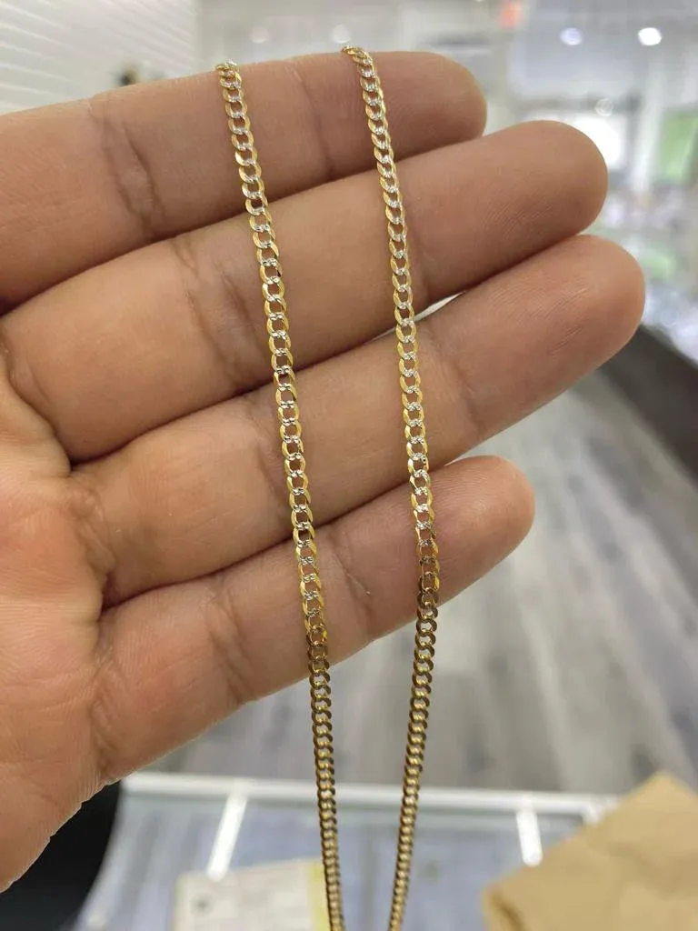 10K Yellow Gold Cuban Chain Necklace Two Tone 2.4mm