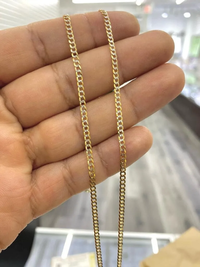 10K Yellow Gold Cuban Chain Necklace Two Tone 2.4mm