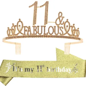 11th Birthday Gifts for Girls,11th Birthday Tiara and Sash Golden,11th Birthday
