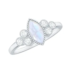 1/2 CT Marquise Moonstone Solitaire Ring with Diamond Trio