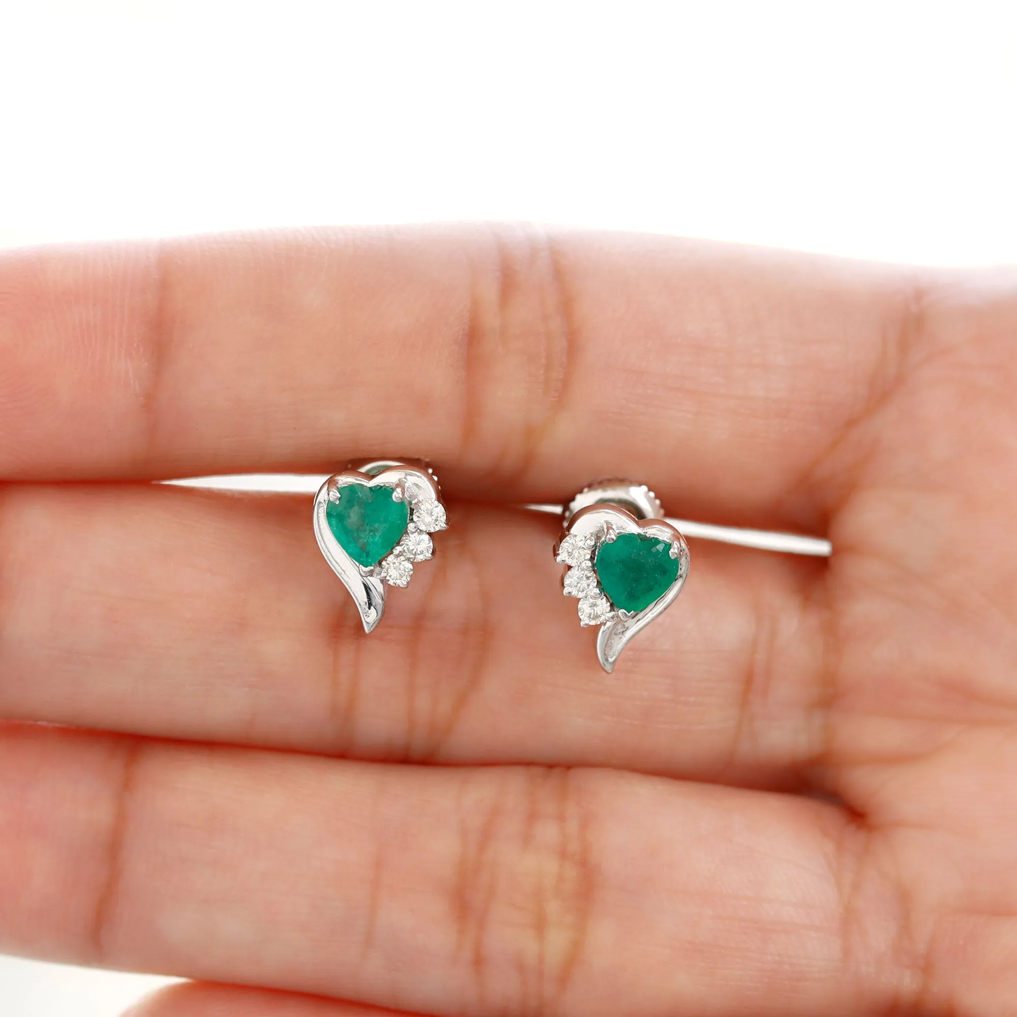 1.25 CT Emerald and Diamond Heart Stud Earrings