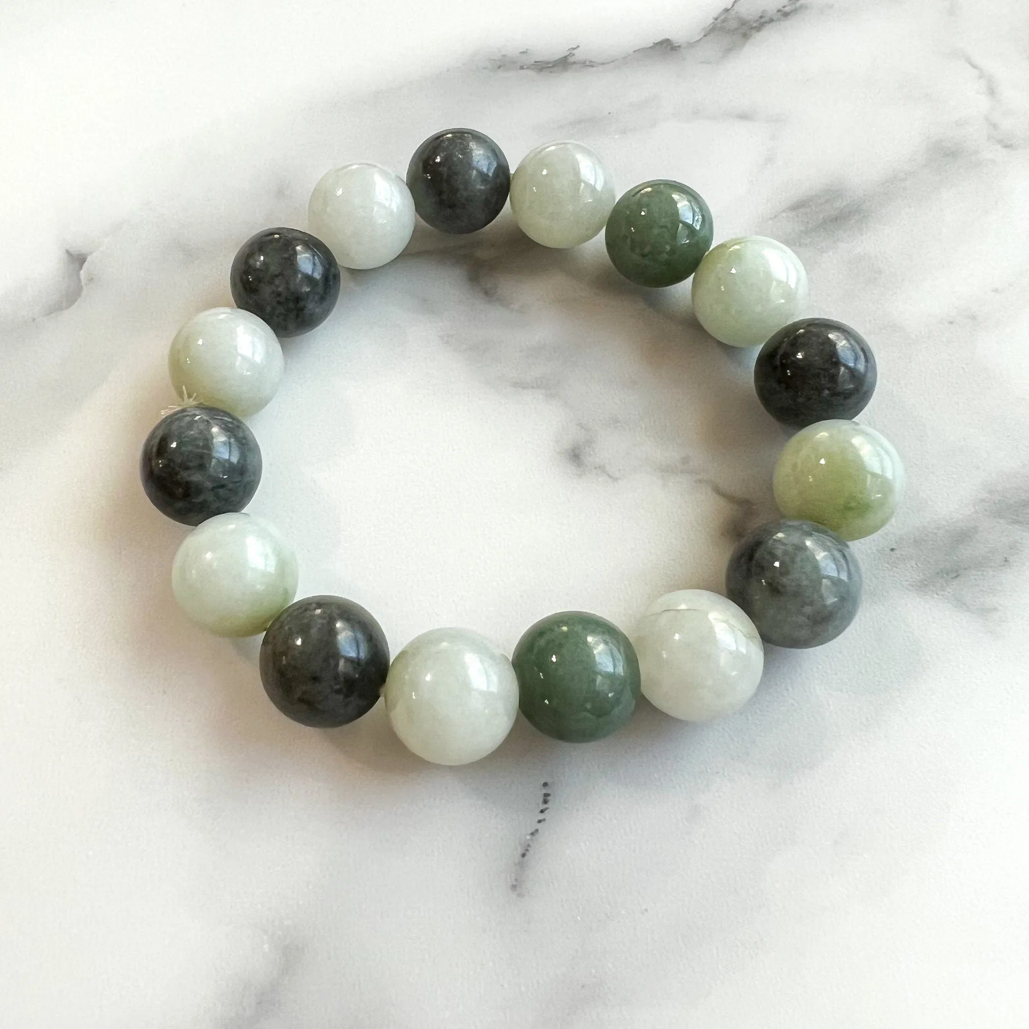 14 mm Jadeite Jade Large Round Beaded Bracelet, Green, Gray, Black Jade Bracelet, MDFM-0822-1670129480