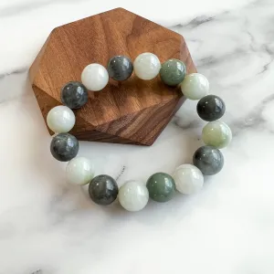 14 mm Jadeite Jade Large Round Beaded Bracelet, Green, Gray, Black Jade Bracelet, MDFM-0822-1670129480
