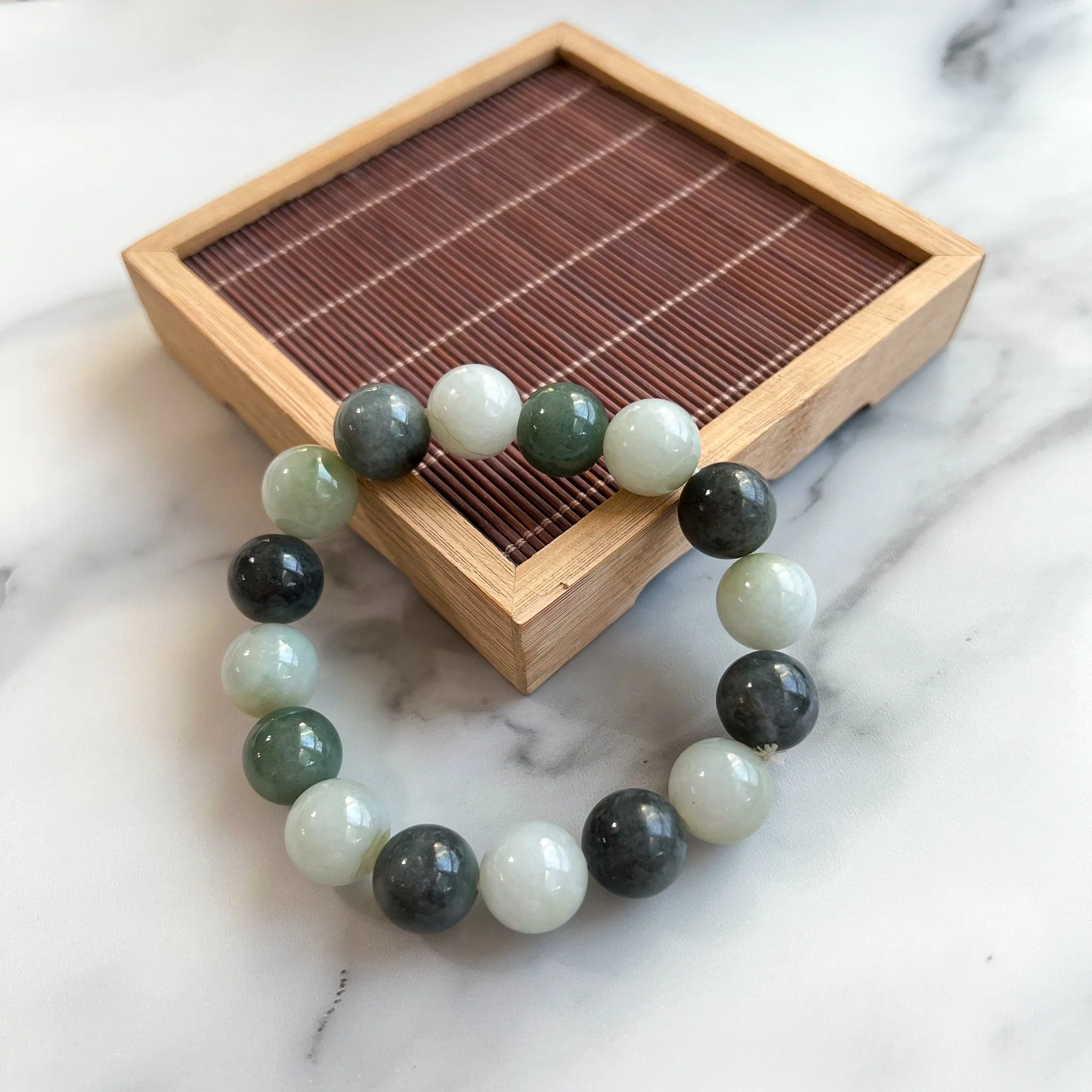 14 mm Jadeite Jade Large Round Beaded Bracelet, Green, Gray, Black Jade Bracelet, MDFM-0822-1670129480