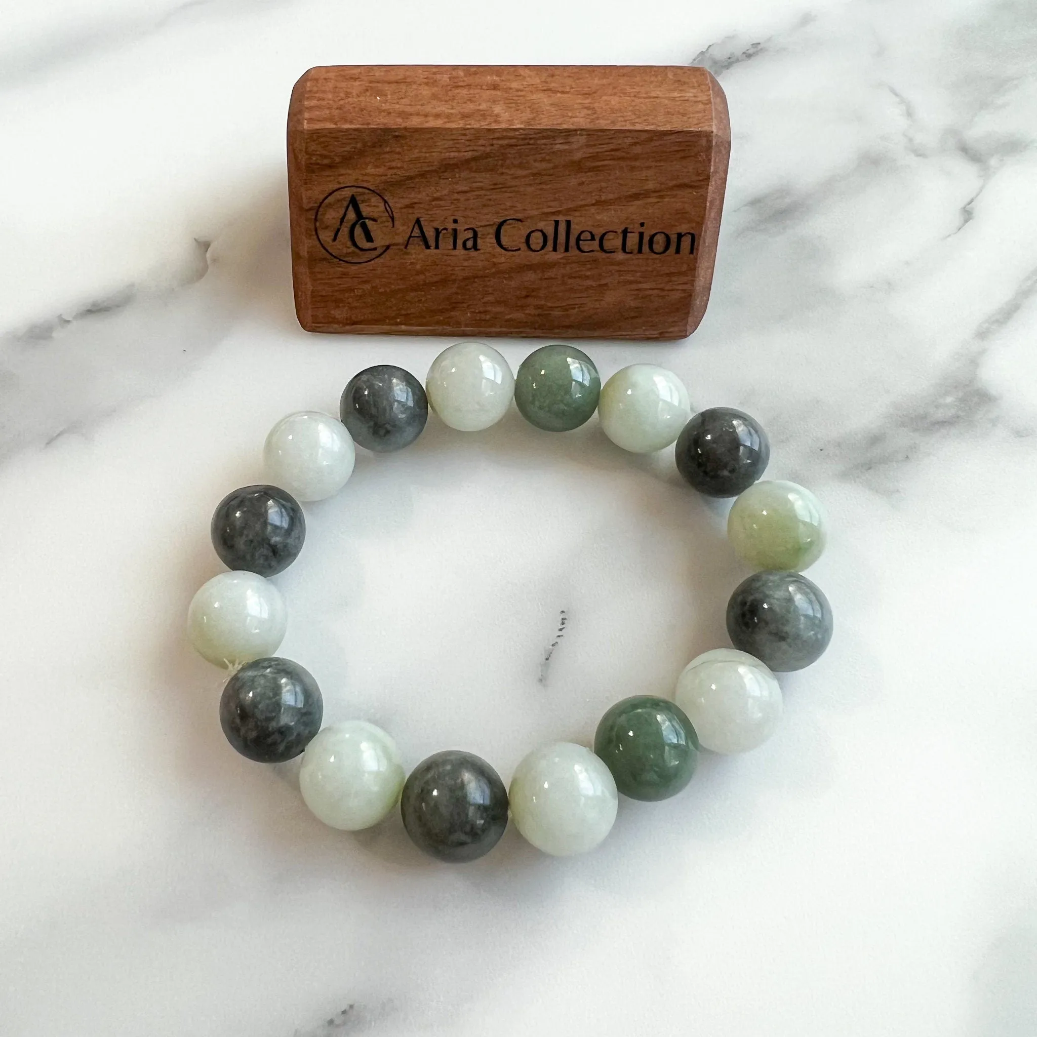 14 mm Jadeite Jade Large Round Beaded Bracelet, Green, Gray, Black Jade Bracelet, MDFM-0822-1670129480