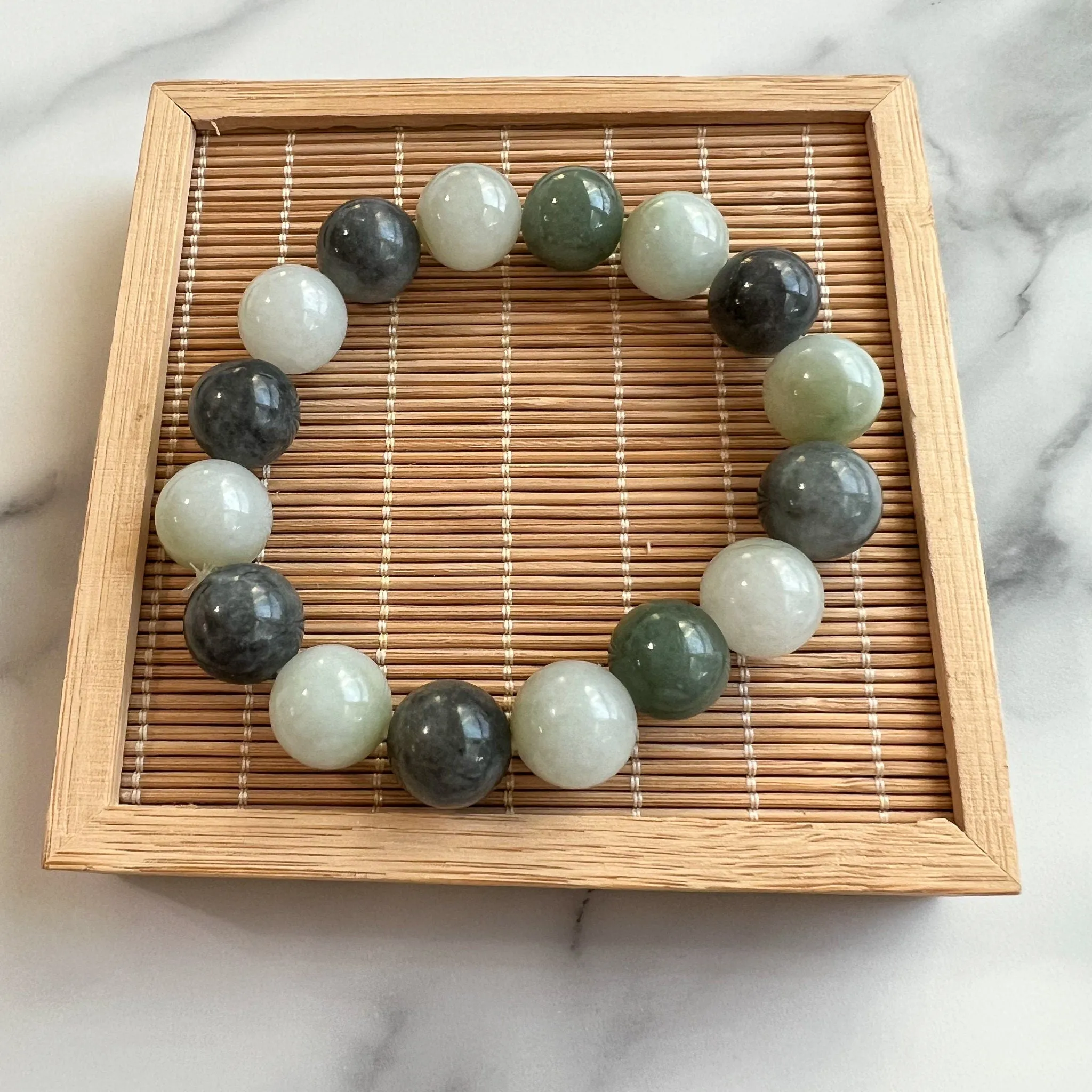 14 mm Jadeite Jade Large Round Beaded Bracelet, Green, Gray, Black Jade Bracelet, MDFM-0822-1670129480