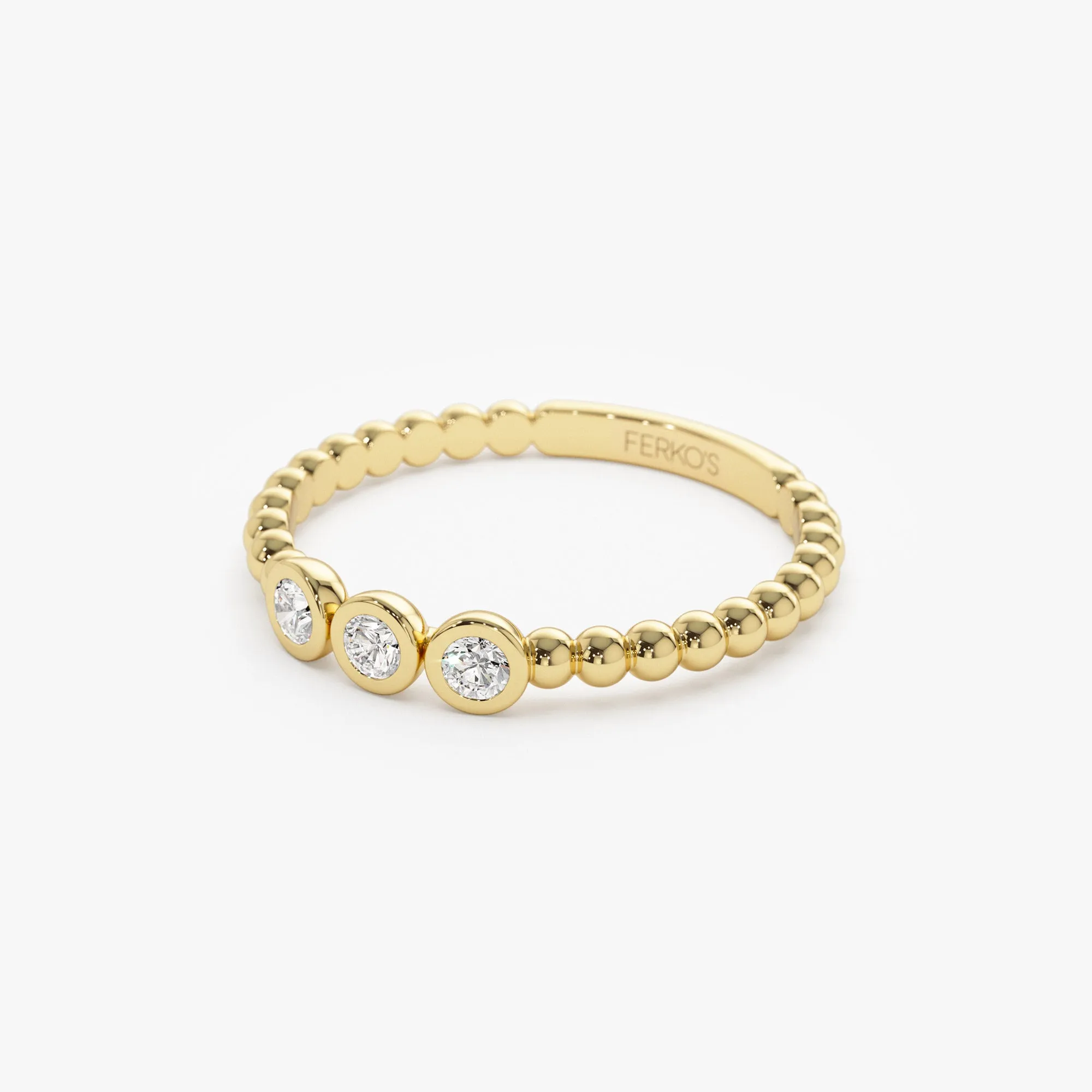 14k Beaded Three Stone Diamond Ring