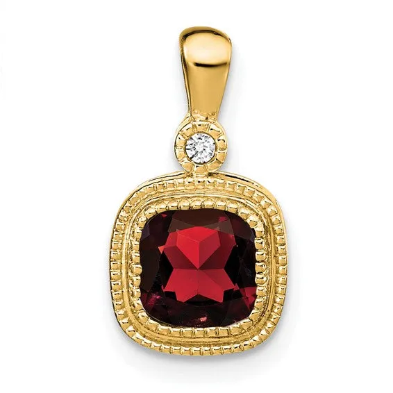 14k Cushion Peridot and Diamond Pendant with Milgrain Accent