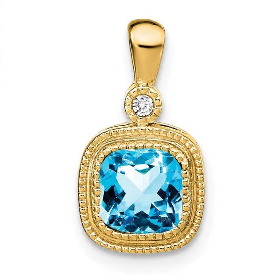 14k Cushion Peridot and Diamond Pendant with Milgrain Accent