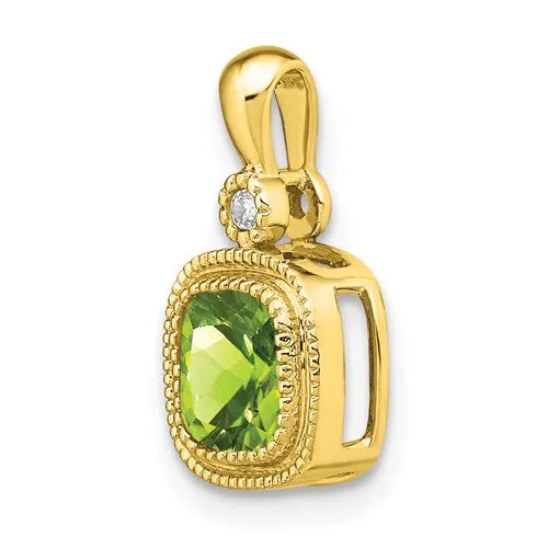 14k Cushion Peridot and Diamond Pendant with Milgrain Accent