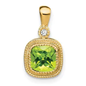 14k Cushion Peridot and Diamond Pendant with Milgrain Accent