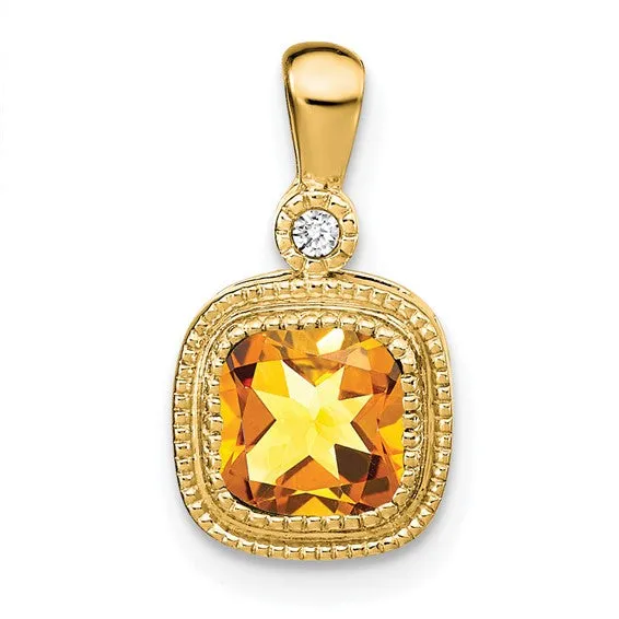 14k Cushion Peridot and Diamond Pendant with Milgrain Accent