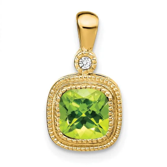 14k Cushion Peridot and Diamond Pendant with Milgrain Accent