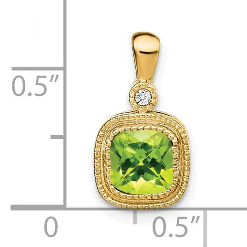 14k Cushion Peridot and Diamond Pendant with Milgrain Accent