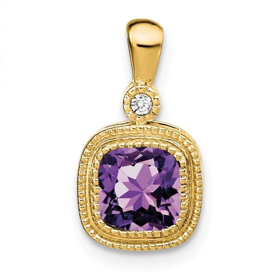 14k Cushion Peridot and Diamond Pendant with Milgrain Accent
