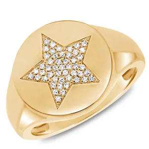 14K Gold & Diamond Star Signet Ring - 0.12ct
