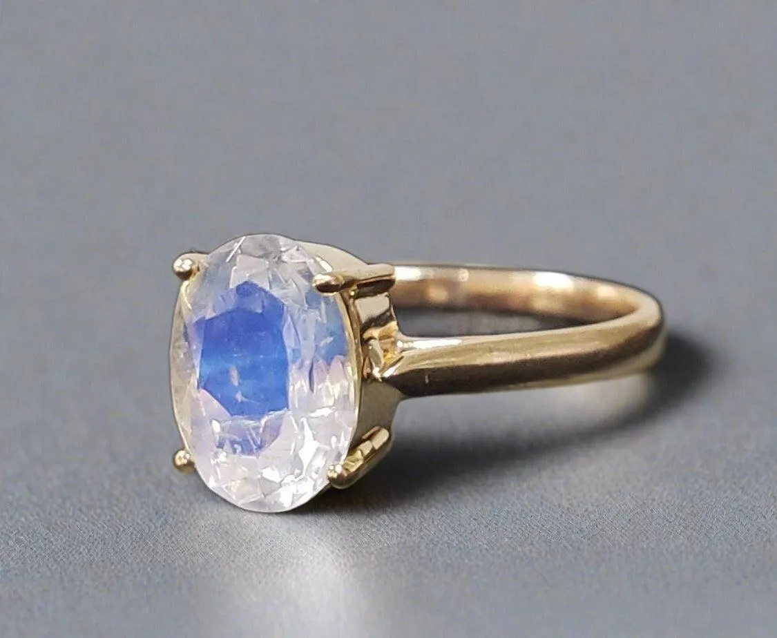 14k Gold Blue Flash Rainbow Moonstone Ring