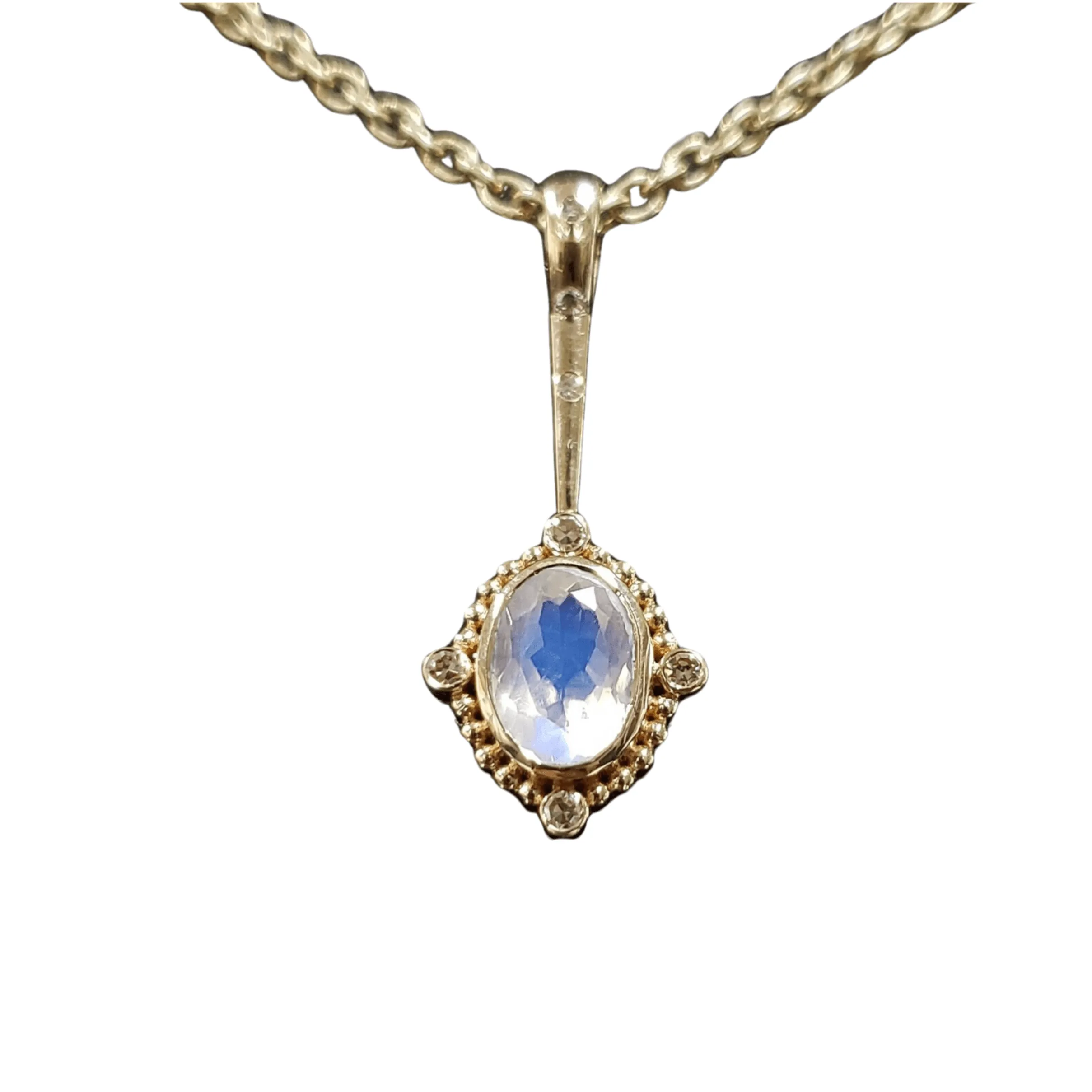 14k Gold Rainbow Moonstone & Diamond Pendulum Pendant