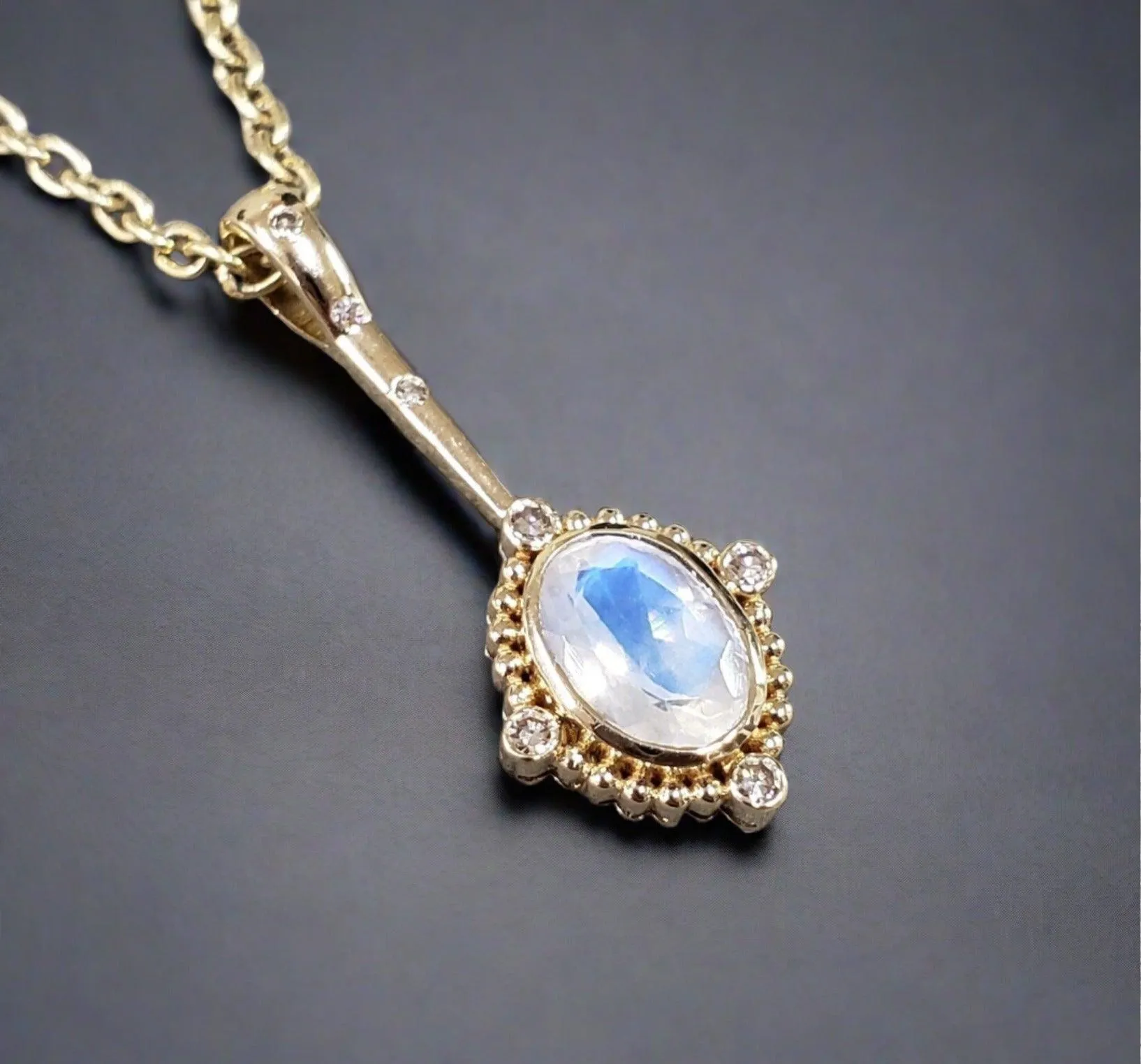 14k Gold Rainbow Moonstone & Diamond Pendulum Pendant