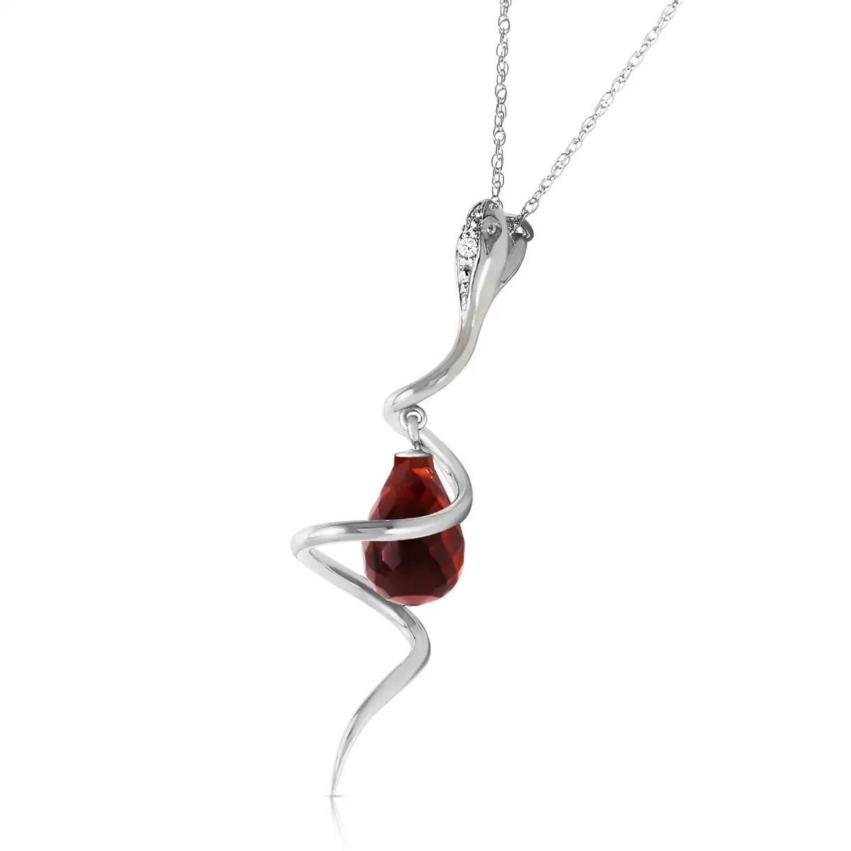 14K Solid White Gold Snake Necklace w/ Dangling Briolette Garnet & Diamond