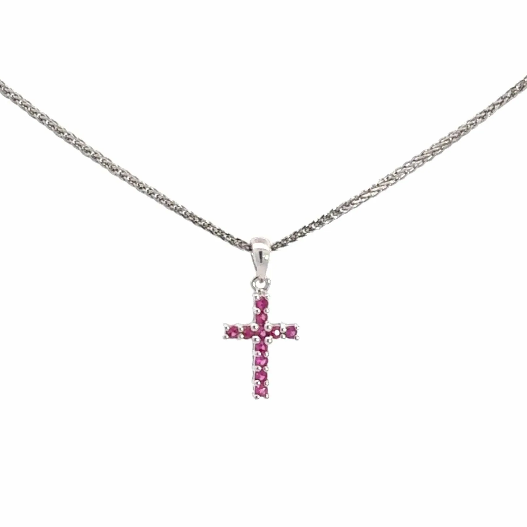 14k White Gold Natural Ruby Cross Pendant Necklace