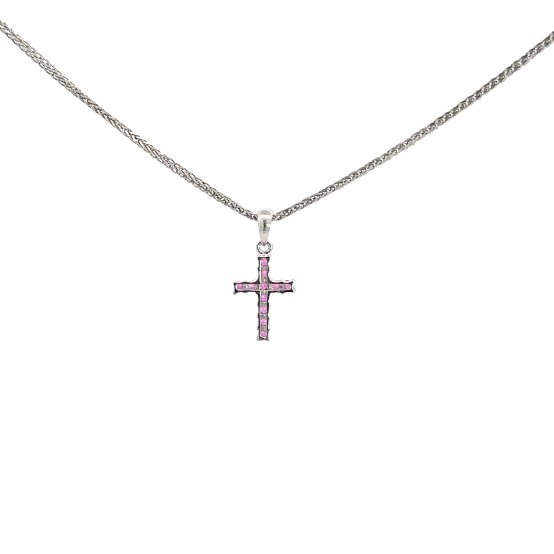 14k White Gold Natural Ruby Cross Pendant Necklace