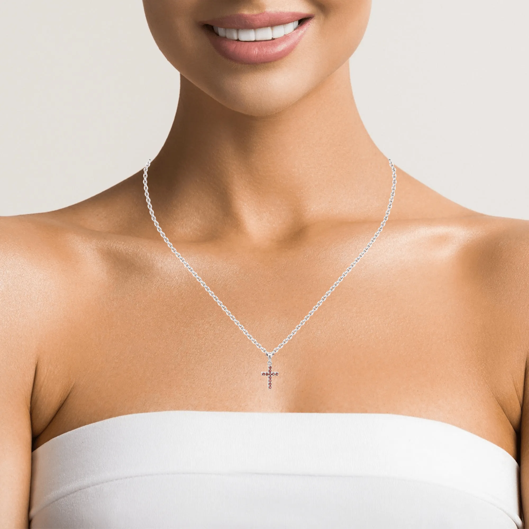 14k White Gold Natural Ruby Cross Pendant Necklace