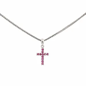 14k White Gold Natural Ruby Cross Pendant Necklace