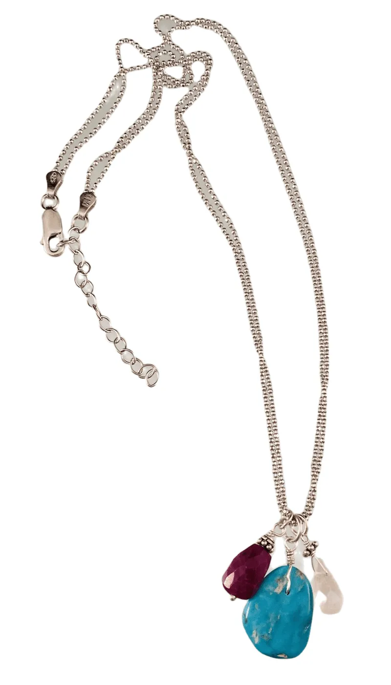 16"- 18" Sterling Silver Turquoise Charm Necklace with Ruby & Rose Quartz