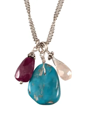 16"- 18" Sterling Silver Turquoise Charm Necklace with Ruby & Rose Quartz