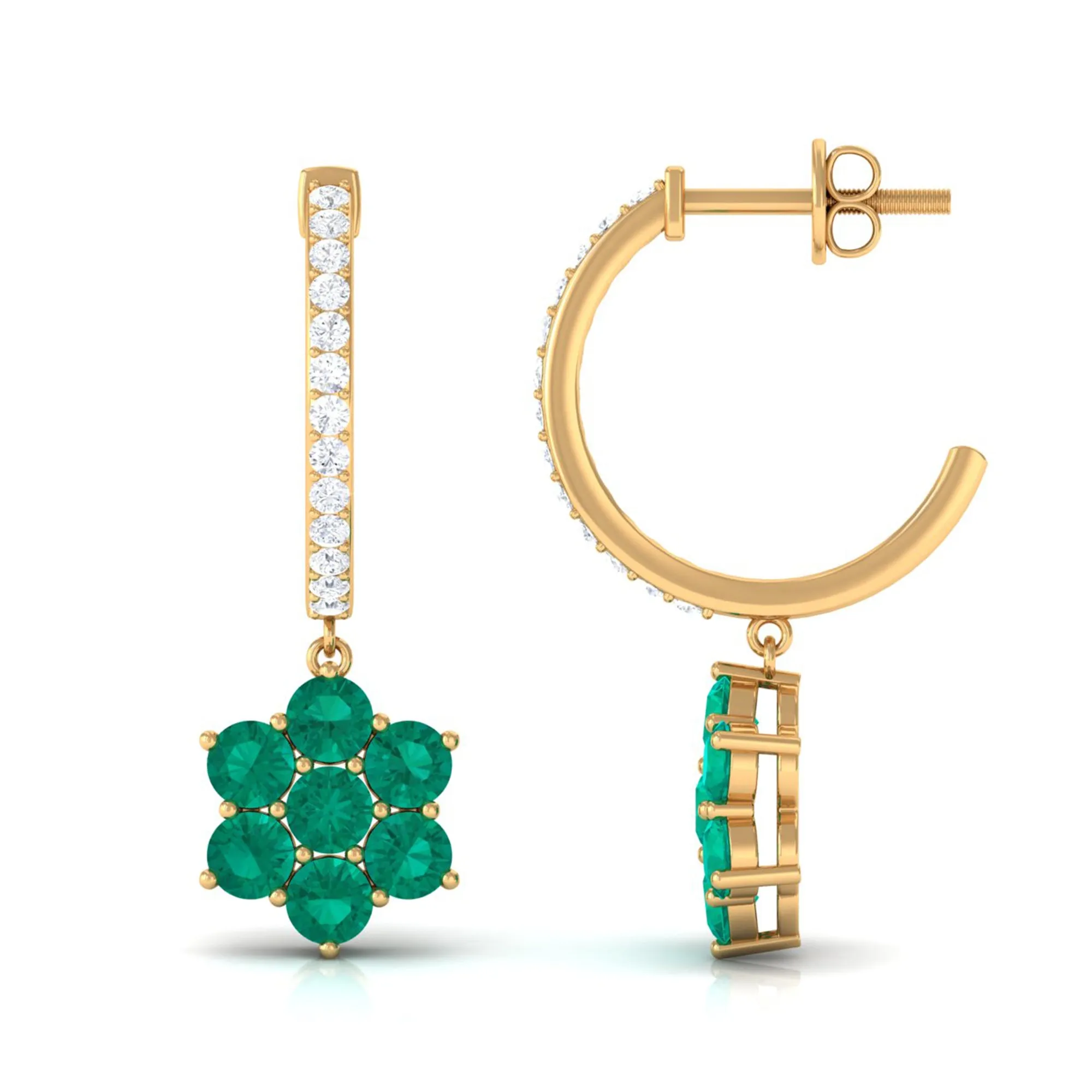 1.75 CT Emerald Floral Hoop Drop Earrings with Diamond Accent