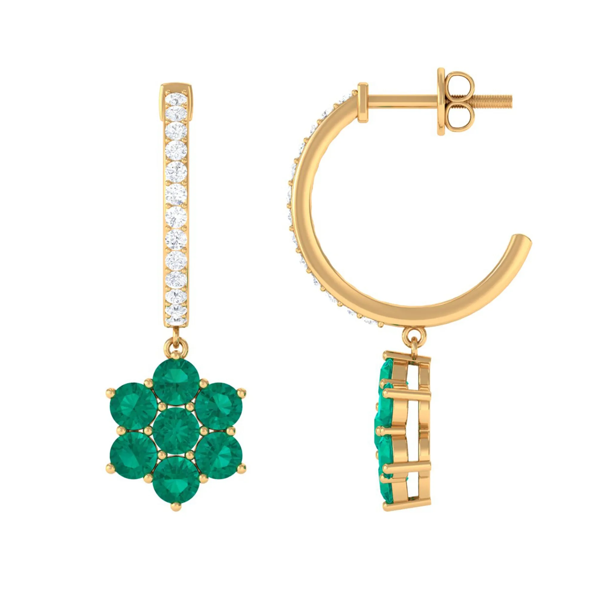 1.75 CT Emerald Floral Hoop Drop Earrings with Diamond Accent