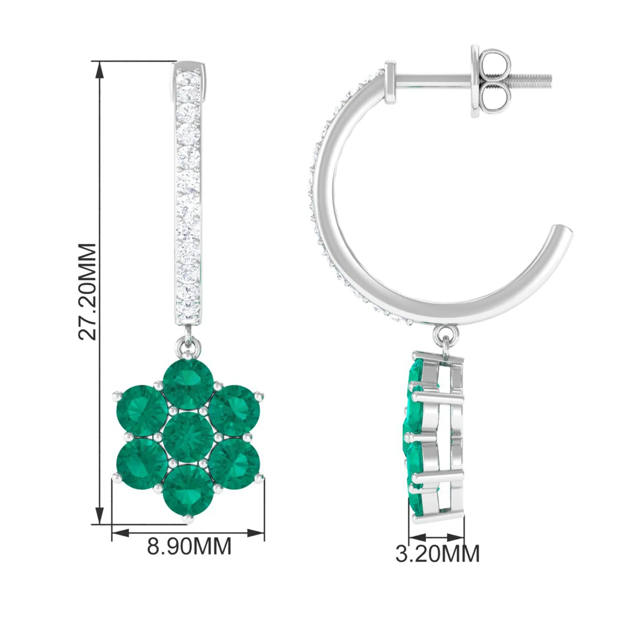 1.75 CT Emerald Floral Hoop Drop Earrings with Diamond Accent