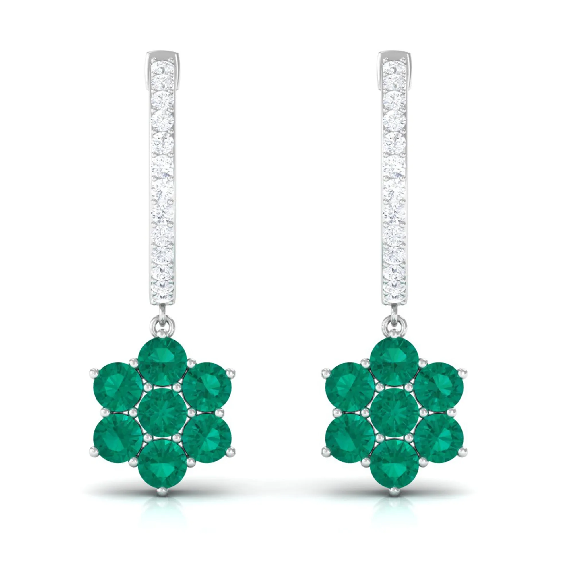 1.75 CT Emerald Floral Hoop Drop Earrings with Diamond Accent