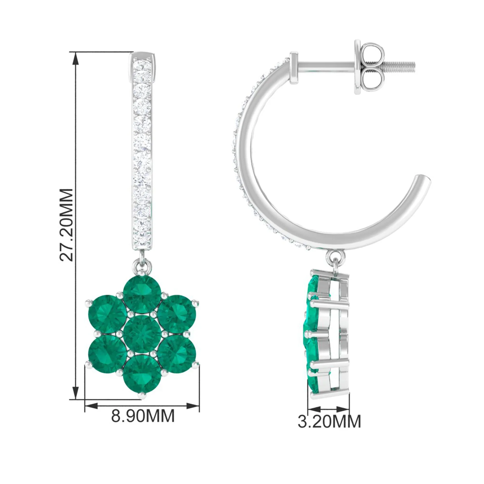 1.75 CT Emerald Floral Hoop Drop Earrings with Diamond Accent