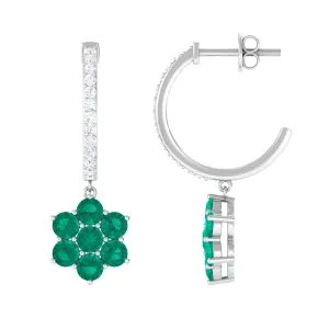 1.75 CT Emerald Floral Hoop Drop Earrings with Diamond Accent