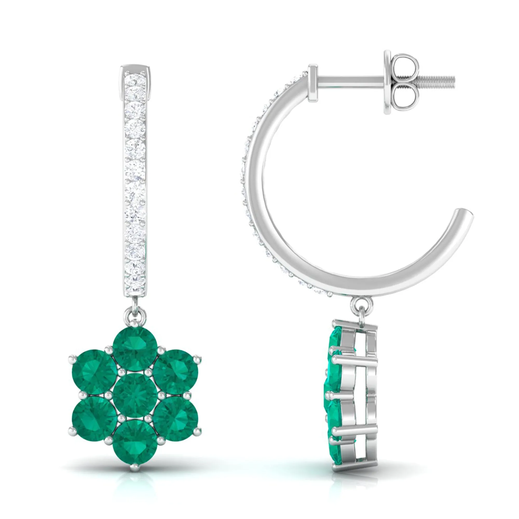1.75 CT Emerald Floral Hoop Drop Earrings with Diamond Accent