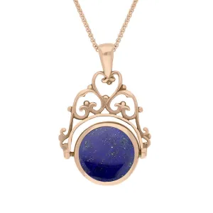 18ct Rose Gold Whitby Jet Lapis Lazuli Double Sided Round Swivel Fob Necklace