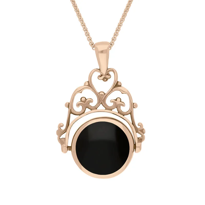 18ct Rose Gold Whitby Jet Lapis Lazuli Double Sided Round Swivel Fob Necklace