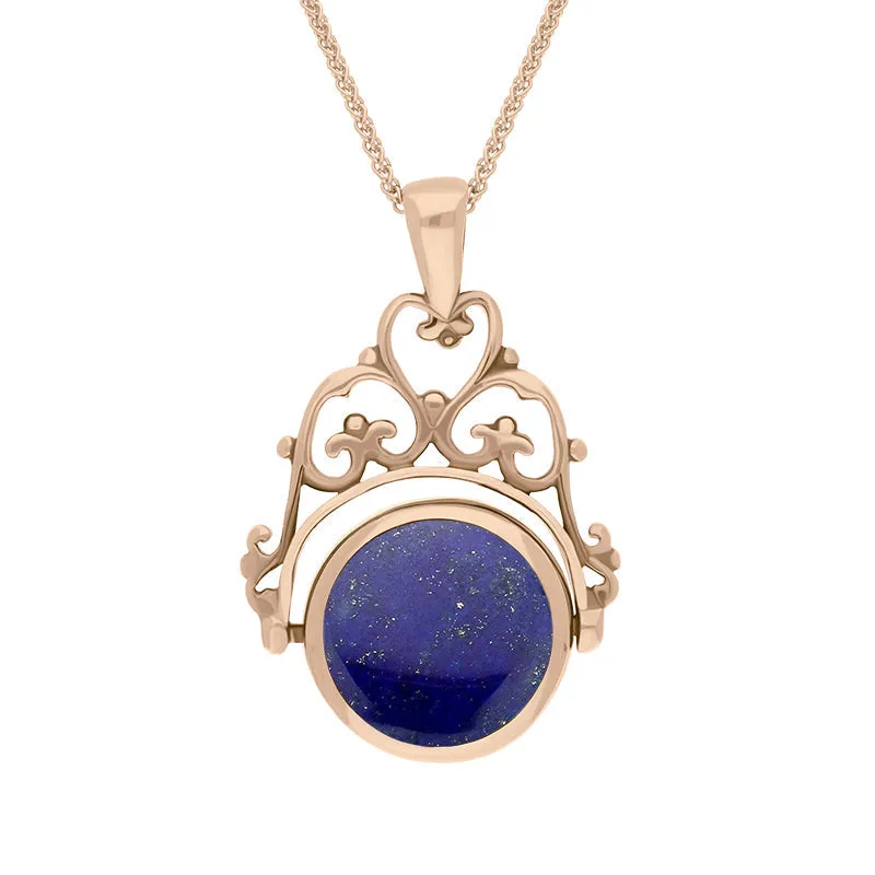 18ct Rose Gold Whitby Jet Lapis Lazuli Double Sided Round Swivel Fob Necklace