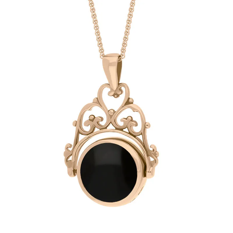 18ct Rose Gold Whitby Jet Lapis Lazuli Double Sided Round Swivel Fob Necklace