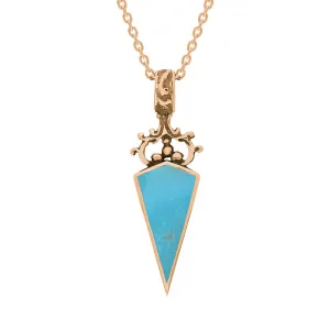 18ct Rose Gold Whitby Jet Turquoise Double Sided Scroll Dagger Fob Necklace
