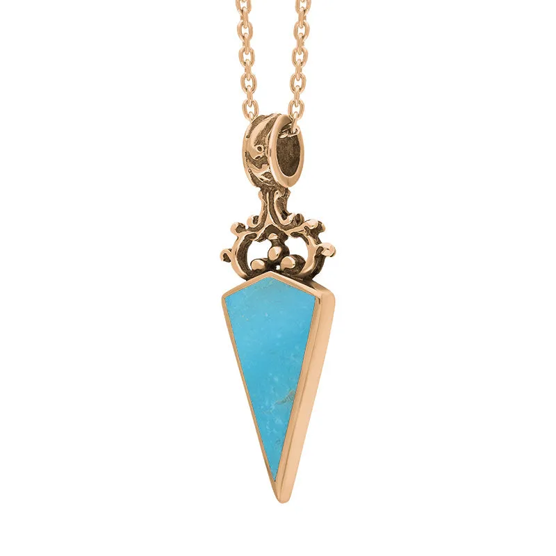 18ct Rose Gold Whitby Jet Turquoise Double Sided Scroll Dagger Fob Necklace
