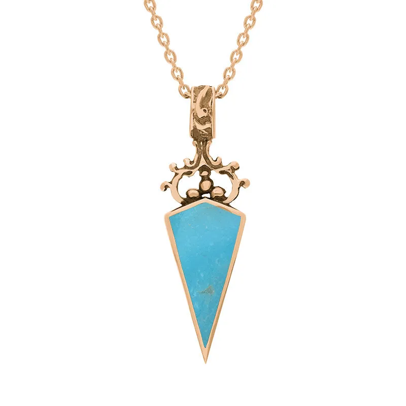 18ct Rose Gold Whitby Jet Turquoise Double Sided Scroll Dagger Fob Necklace