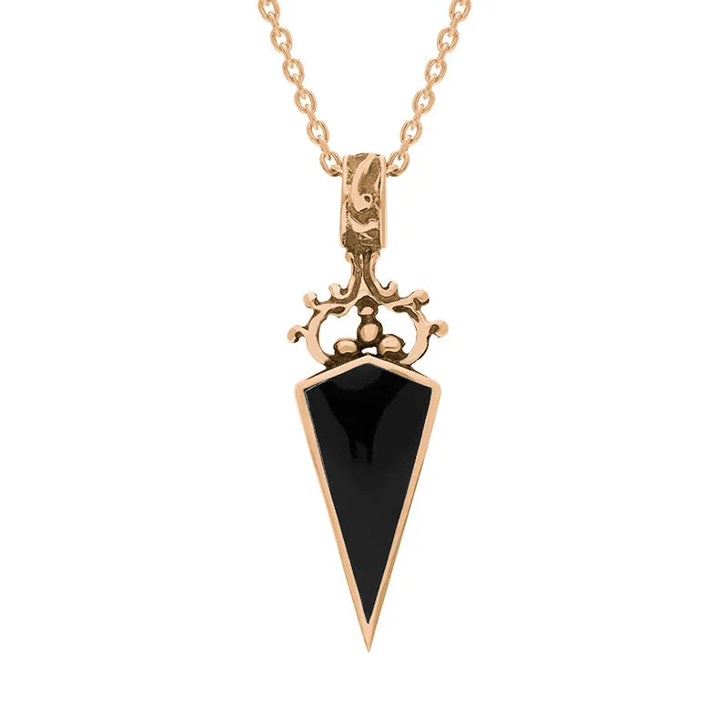 18ct Rose Gold Whitby Jet Turquoise Double Sided Scroll Dagger Fob Necklace