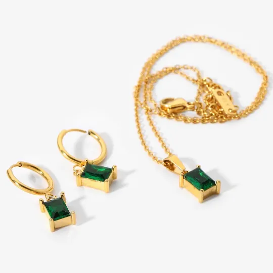 18K Gold-Filled Emerald Square Pendant Necklace Set