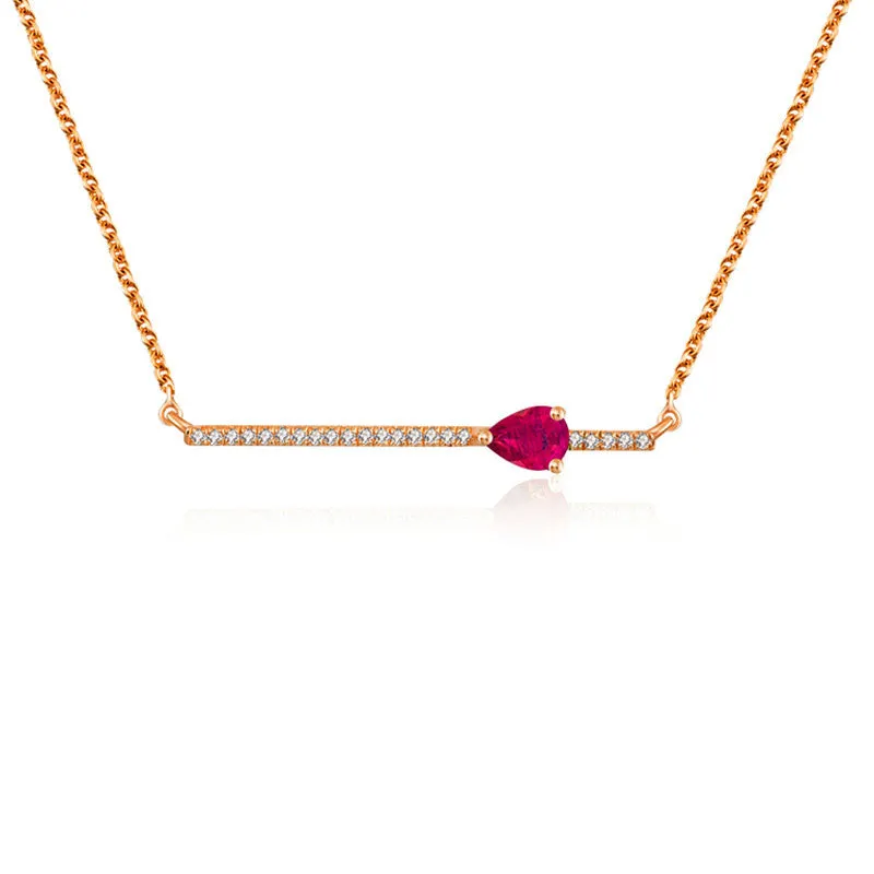 18k Gold Line Diamond Necklace with Drop Shape Ruby