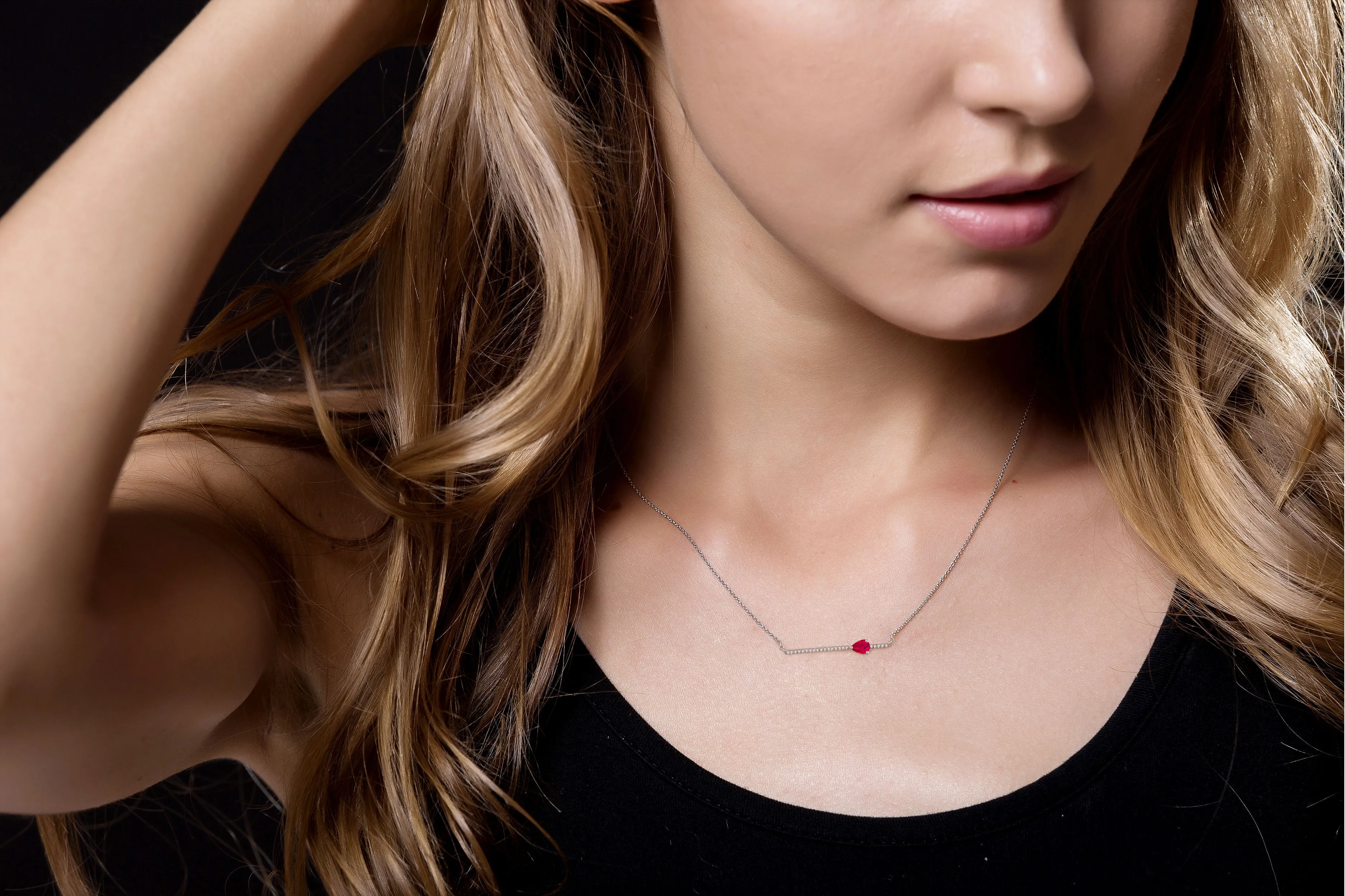 18k Gold Line Diamond Necklace with Drop Shape Ruby