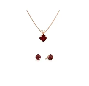 18K Rose Gold 2ct Ruby Princess Cut 18 Inch Necklace and Round Earrings Set Plated