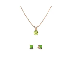 18K Rose Gold 4ct Peridot Round 18 Inch Necklace and Square Earrings Set Plated